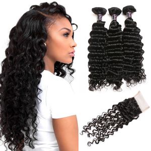 Ishow 10A Brésilien Deep Wave Curly 4 Bundles avec Fermeture Péruvienne Malaisienne Extensions de Cheveux Humains pour Femmes Filles Tous Âges Couleur Naturelle Noir Vierge Cheveux