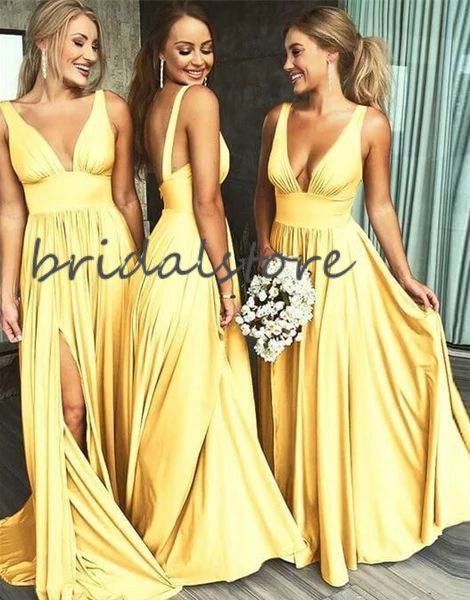 Hot 2020 jaune robes de demoiselle d'honneur sexy col en V Boho mariage robes d'invité dos nu bal robes de soirée formelles avec fente pas cher demoiselle d'honneur