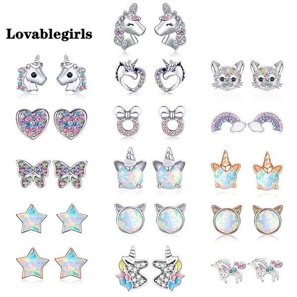 Caliente 2022 lindos pendientes de unicornio para niñas pequeñas niños cristal gato mariposa Arco Iris corazón estrella pendiente regalo de Navidad joyería