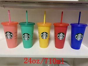 2022 Starbucks 24oz/710ml Plastic mokken Tumbler herbruikbaar Clear Drinking Flat Bottom Pillar Shape Lid Strawbekers Mok het nieuwe hete product voor fabrieks directe verkoop ABET