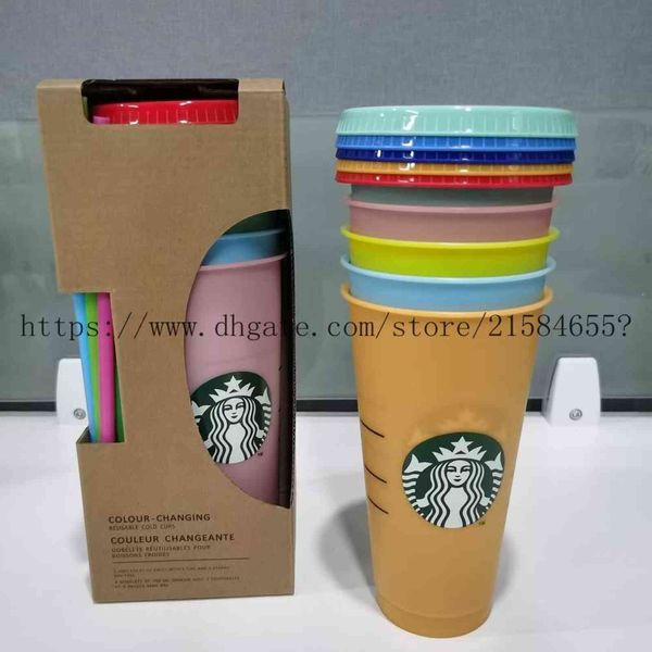HOT 24OZ Gobelets à changement de couleur Tasse à jus en plastique avec lèvre et paille Tasse à café magique Costom Starbucks tasse en plastique à changement de couleur H1102