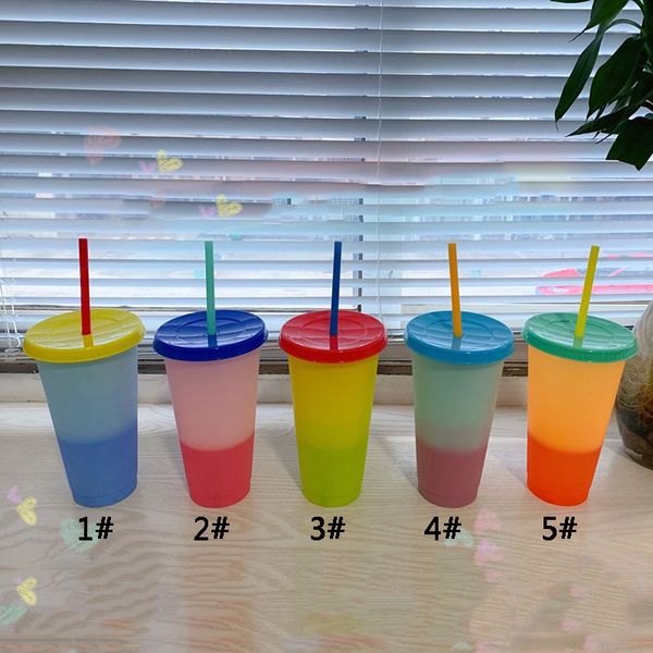 24 oz Taza que cambia de color Vasos mágicos de plástico para beber con tapa Paja Colores del caramelo Reutilizables Bebidas frías Tazas Taza de café DBC BH2707