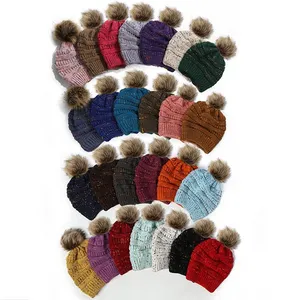 Chapeau tricoté avec pompons chauds pour femmes, chapeaux en laine colorés, bonnet de crâne pour dames, casquette d'extérieur solide, YD0441, tendance hiver