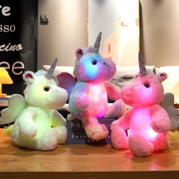 Caliente 30 cm Muñecas de peluche luminosas Unicornio brillante de alta calidad Juguete de peluche luminoso Kawaii Light Up Led Caballo Juguetes de peluche Muñeca Niños Niña Regalo de Navidad