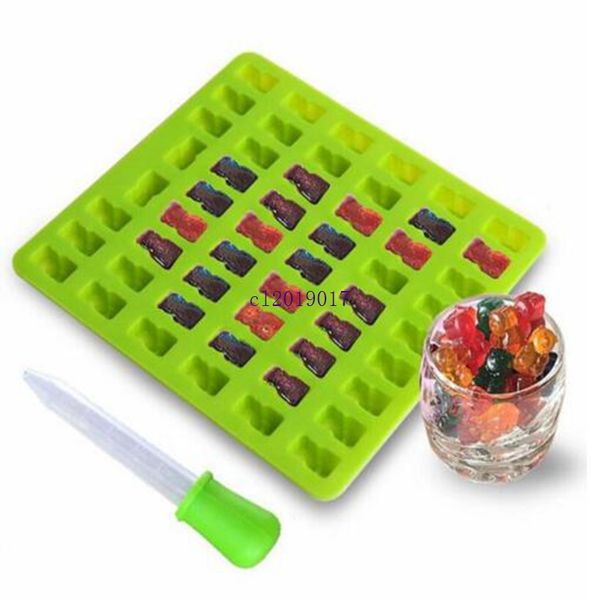 Hot 4 Color 53/50 Cavidad Silicona Gummy Bear Molde de chocolate Fabricante de dulces Bandeja de cubitos de hielo Moldes de gelatina con cuentagotas gratis