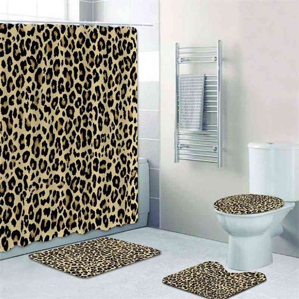 Hot 4PCS Set Rideau de douche léopard pour salle de bain Tapis de bain Tapis pour couvercle de toilette Couverture Wildlife Print Baignoire Home Decor Cadeau 210402