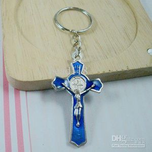 Mic 60 stks Blauw Kleur Emaille Legering Jesus Christ Cross Charm Chain Sleutelhanger DIY Sieraden