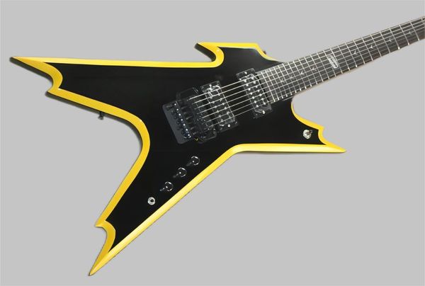 Guitarra eléctrica de cuerpo negro atrevido amarillo de 7 cuerdas con puente trémolo, pastillas HH, se puede personalizar