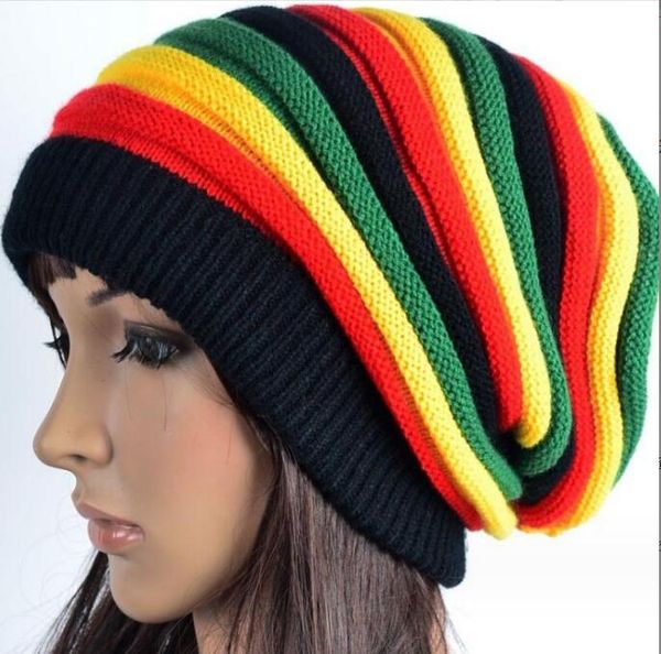 Acrylique chaud unisexe Jamaïque Rasta Beanie femmes arc-en-ciel rayures tricoté chapeau sport hiver chaud hiver tricoté gros bonnets amples casquette