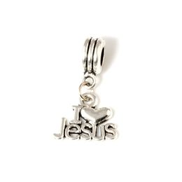 MIC .50 stks / partij Dangle Ancient Silver "I Love Jesus" Religieuze charme Big Hole Kralen Fit Europese Charme Armband Sieraden 27x16mm