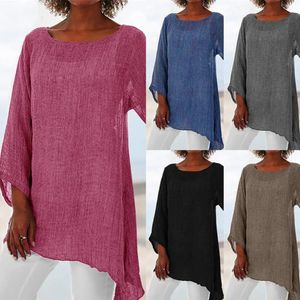 Hete blouse dames stevige kleur katoen linnen o-neck lange mouw onregelmatige tuniek top lente zomer oversized shirts