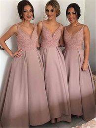 Hot Hot Blush Country Bridesmaid V Neck Top Beads Satin sin mangas bohemio bajo vestidos de noche vestidos de graduación