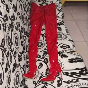 Bottes chaudes Arden Furtado 2022 printemps femmes pantalons en cuir brillant bout pointu talons aiguilles Sexy jambe minceur grande taille femmes 220906