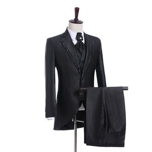 HOT - Charcoal Grey Groom Tuxedos Noch Lapel Groomsmen Mens Wedding Dress Excellent Man Jacket Blazer 3 Piece Suit (Veste + Pantalon + Gilet + Cravate) 685