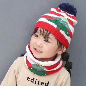 Cadeau de Noël chaud Bonnet Chapeaux Écharpe Ensemble deux pièces pour bébés garçons et filles Bonnet d'hiver en tricot chaud pour enfants de 1 à 5 ans