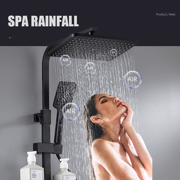 Conjunto de ducha negra negra fría caliente baño Sistema de ducha termostático inteligente Montaje de pared Montaje Led grifo cuadrado spray spa lluvia grifos