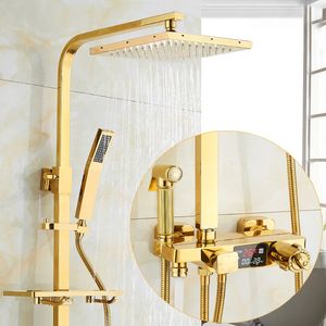 Hot Cold Shower System Bathroom Thermostatic Gold Shower Set Wall Mount SPA Rainfall LED Bath Faucet Square Head Modern Torneira