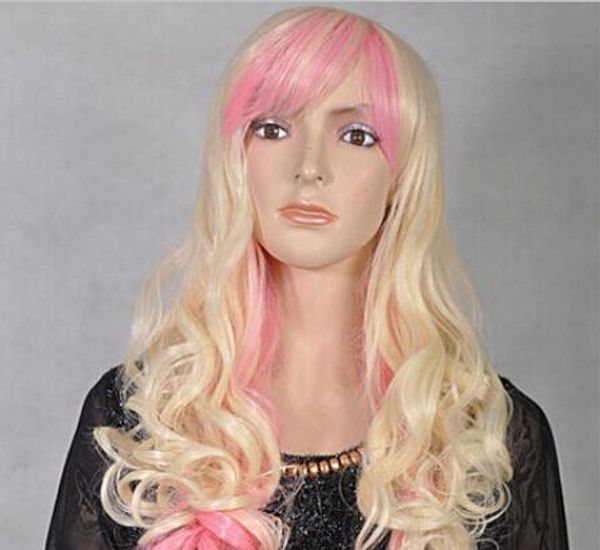 ¡Envío libre +++++ ¡Caliente! Cosplay Fashion Blonde Pink Mix Long Curly Lady's Wig