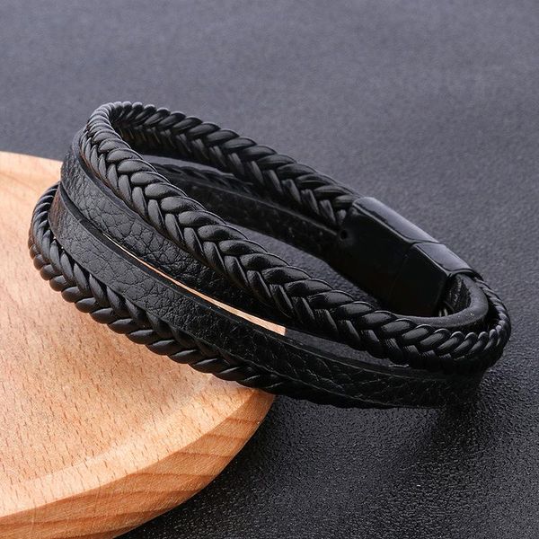 Caliente brazalete pulseras nueva llegada negro hombres PU cuero 1 pieza Punk chicos aleación de Zinc tejido tejido marrón pulsera regalos