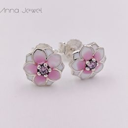 Joyería de diseño caliente Auténtica plata de ley 925 Magnolia Bloom Pale Cerise Esmalte Rosa CZ Stud Pendiente Pandora Pendientes de lujo mujeres Día de San Valentín regalo de cumpleaños