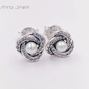 Joyería de diseñador caliente Auténtica plata de ley 925 Nudos de amor Cristal blanco Perla Stud Pendiente Pandora Pendientes mujeres de lujo Día de San Valentín regalo de cumpleaños 290740WCP