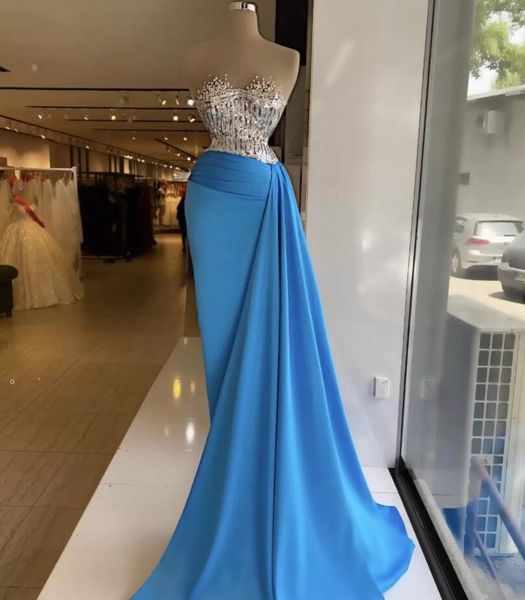 ¡CALIENTE! Elegante azul con lentejuelas sirena vestidos de noche con cuentas de cristal cariño vestidos de fiesta formales por encargo más tamaño desfile desgaste vestido de fiesta