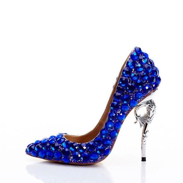 Hot élégant Royal Blue Bridal Wedding Chaussures Ankle Letfappy Crystal High Heel Shoes Rignestone Médage étincel