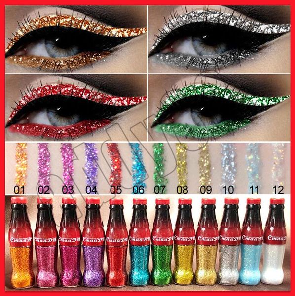 Maquillage pour les yeux chaud Cmaadu Glitter Eyeliner liquide 12 couleurs coloré Cola bouteille fard à paupières cosmétiques pour les yeux livraison gratuite