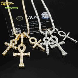 Hot mode ankh kruis hanger 2 mm-5 mm breedte 925 vast zilveren d/vvs duidelijkheid moissaniet hiphop ankh kruis hanger voor ketting