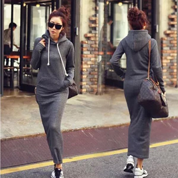 Mode chaude automne automne hiver femmes noir gris robe pull polaire sweats à capuche à manches longues Slim Maxi robes S M L XL XXL robe d'hiver M176