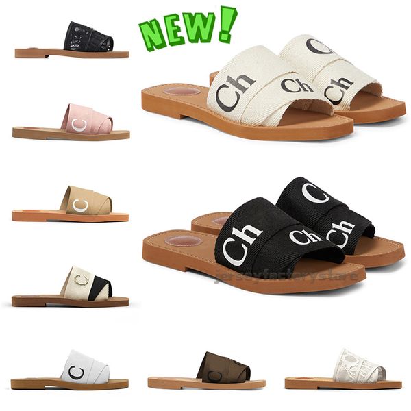 Diseñador de moda caliente Sandalias Woody Mujer Mulas Diapositivas planas Bronceado claro Beige Blanco Negro Jogging Encaje Letras Tela Zapatillas de lona Zapatillas de deporte de verano para mujer