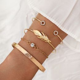 Ensemble de bracelets de bijoux à la mode, plumes en métal et strass, chaîne, 4 pièces/ensemble