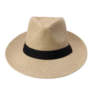 Mode chaude été décontracté unisexe plage Trilby grand bord Jazz chapeau de soleil Panama chapeau papier paille femmes hommes casquette avec ruban noir1