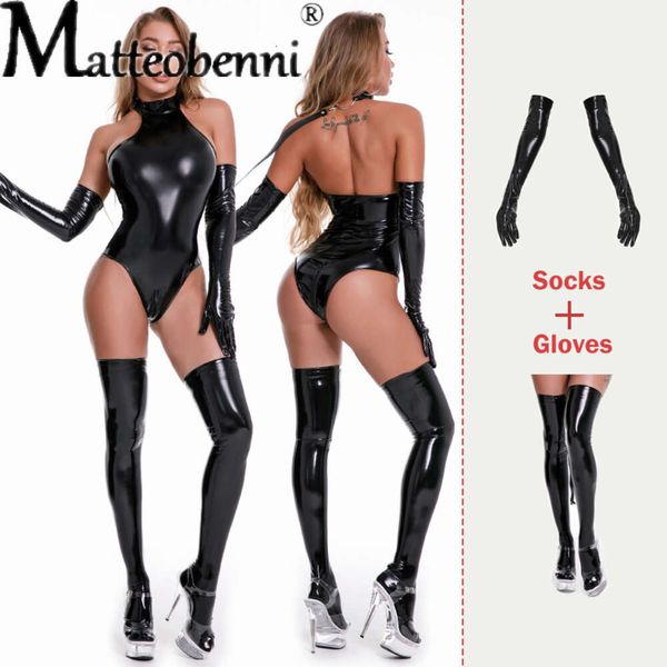 Body de Bondage de piel sintética para mujer, lencería de peluche, Body erótico con guantes y calcetines, disfraces sexys para dormir