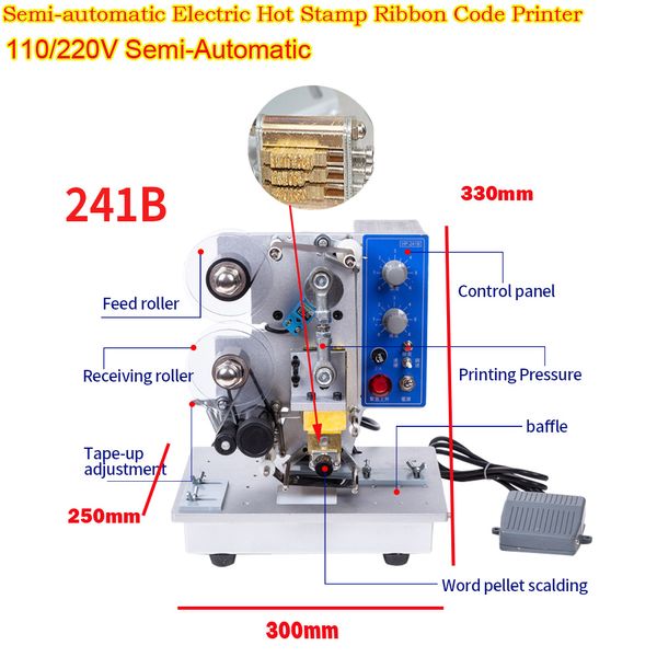 Impresora de etiquetas de codificación de fecha de caducidad, codificador de sellos, 110/220V, máquina de impresión de cinta térmica de Color eléctrica semiautomática 241B