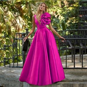 Hot Fuchsia Soirée Robe Formelle Élégant Col En V Volants Satin A-ligne Femmes Robes De Bal Formelles 2023 Arabe Arabie Saoudite Robes Longo Robe De Soirée