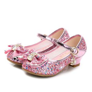 Heet meisjes schoenen 2019 meisjes kleine hoge hakken mode sequin boog kinderdansschoenen roze blauw goud zilveren prinses schoenen