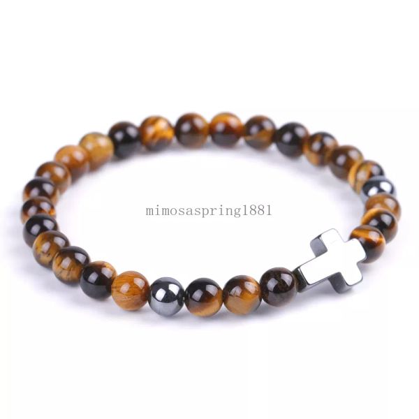 Hot Hematite Cross Charms 6 mm Perles en pierre noire Bracelet Bracelet Tiger Eye Every Energy Bijoux