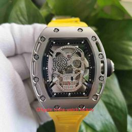 Artículos calientes Reloj para hombre 42 mm x 50 mm RM052 Cabeza de calavera Esqueleto Relojes de diamantes Bandas de goma amarillas Mecánico transparente Reloj automático para hombres Relojes de pulsera para hombres