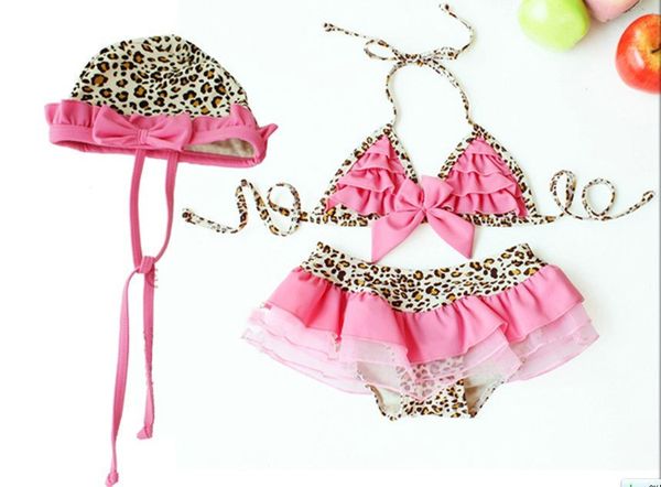 Hot Kids Baby Girls 3 piezas Traje de baño Leopard Bikini Set + Gorro de baño Niño Verano Sexy Beach Traje de baño Traje de baño