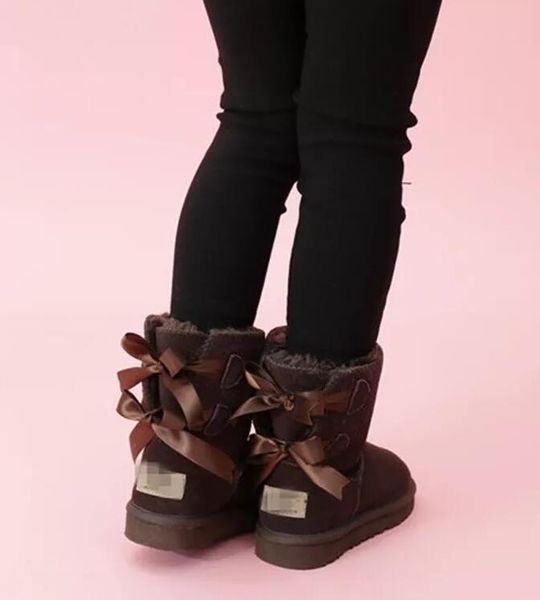 HOT Kids Shoes Bottes de neige en cuir véritable pour les tout-petits avec des arcs Chaussures pour enfants Bottes de neige pour filles