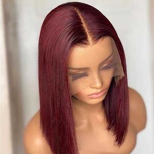 Pelucas de encaje caliente Cabello humano corto Bob Frontal para mujeres negras Color Borgoña 99j Rojo Recto 13x4 al 221216