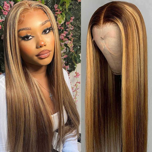 Pelucas de encaje caliente t parte hd transparente miel rubia frontal cabello humano prejuguado marrón resaltado frontal recto para mujeres 221212