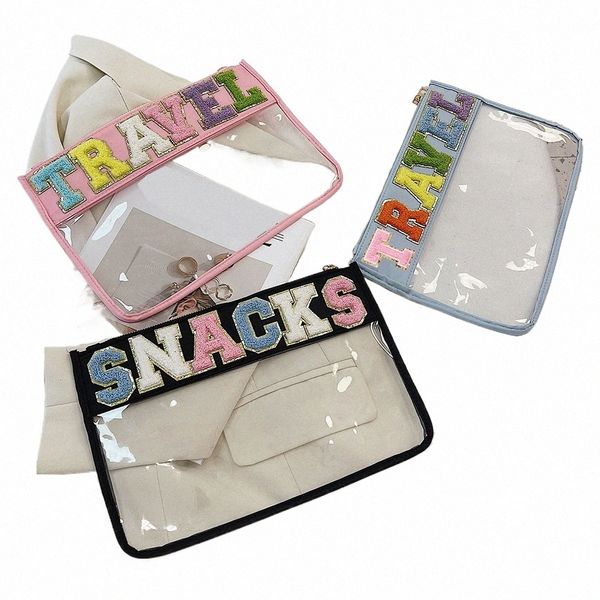 Parches de letras calientes Bolsa de cosméticos de PVC transparente Embrague Mujeres Viajes claros Maquillaje Bolsa de cosméticos Bolsas Cosas Maquillaje Bolsa de artículos de tocador K4tB #