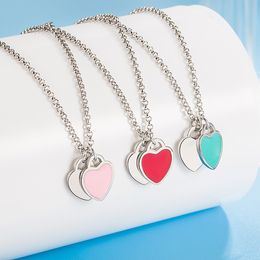 Collier pendentif double coeur design de luxe chaud pour femmes accessoires en acier inoxydable vert rose rouge charme pendentifs colliers dame bijoux cadeau Saint Valentin
