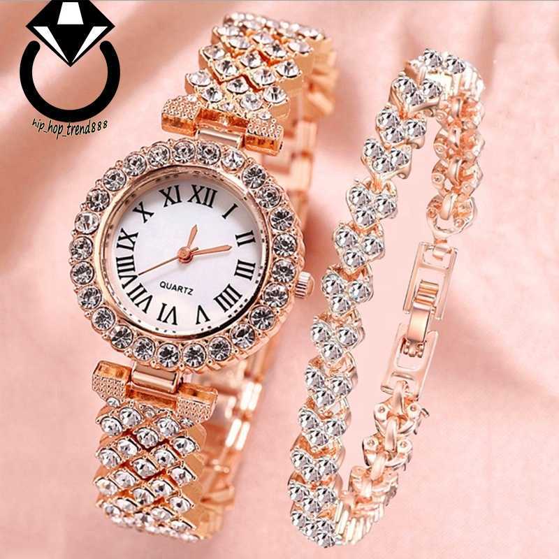 Горячие роскошные женские часы из розового золота, модные женские кварцевые наручные часы с бриллиантами, элегантные женские часы-браслет, комплект Reloj Mujer
