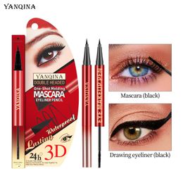 Yanqina 2 in 1 zwarte eye voering mascara make-up set langdurige wimperkruising verlengende mascara wimpers grote ogen cosmetica pen