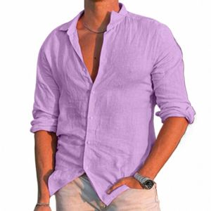 Chaud mâle été grande taille chemise solide décontracté surdimensionné ample Lg manches haut hommes col rabattu violet chemises Fi Blusa 55rd #