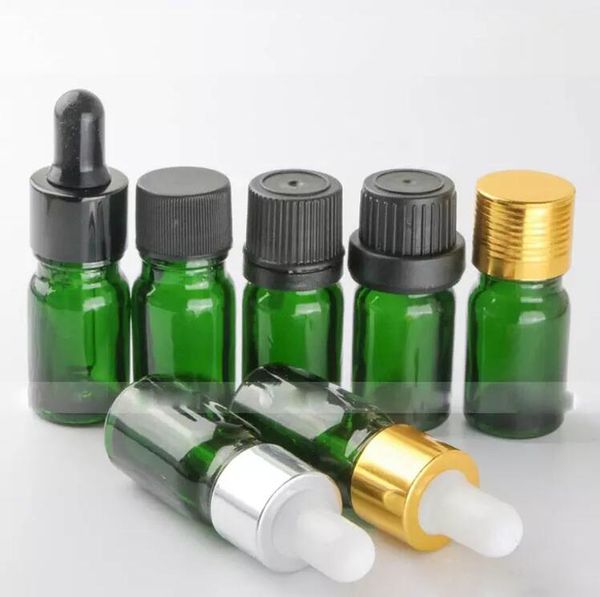 Bouteilles de compte-gouttes vides de verre de marché chaud 5ml pour des huiles essentielles, Bouteilles de verre de liquides de vert E 5ml en gros avec des capsules argentés noirs d'or