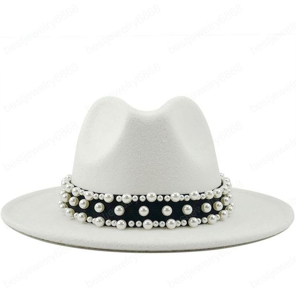 Chaud hommes femmes large bord laine feutre Fedora Panama chapeau perle ceinture Jazz Trilby casquette fête formel haut chapeau en blanc noir